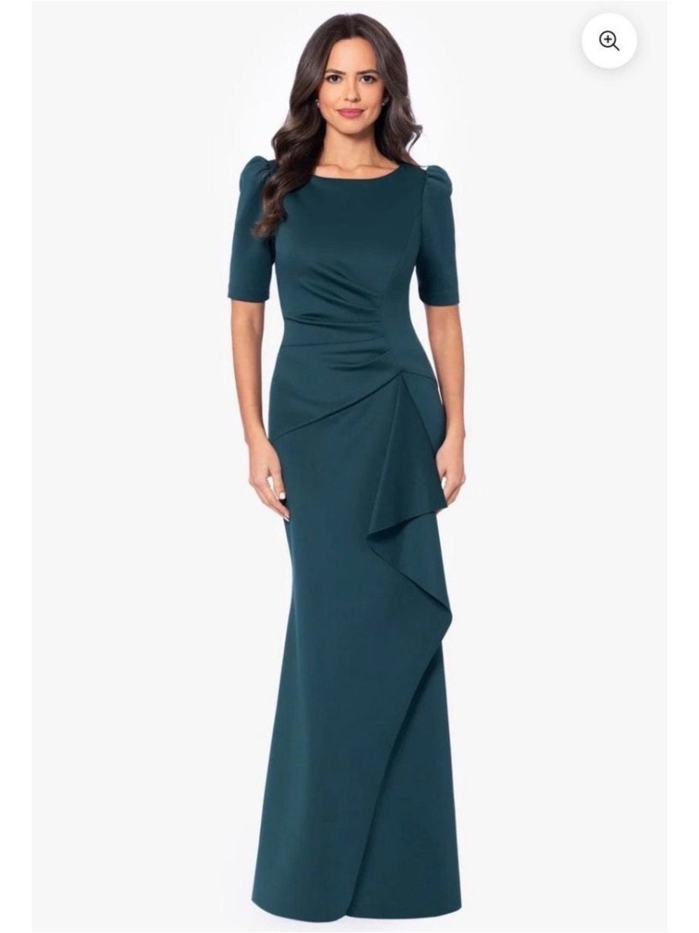 XSCAPE DEMI" SCUBA SHORT SLEEVE SIDE RUCHED FLOOR LENGTH GOWN 12 NWT